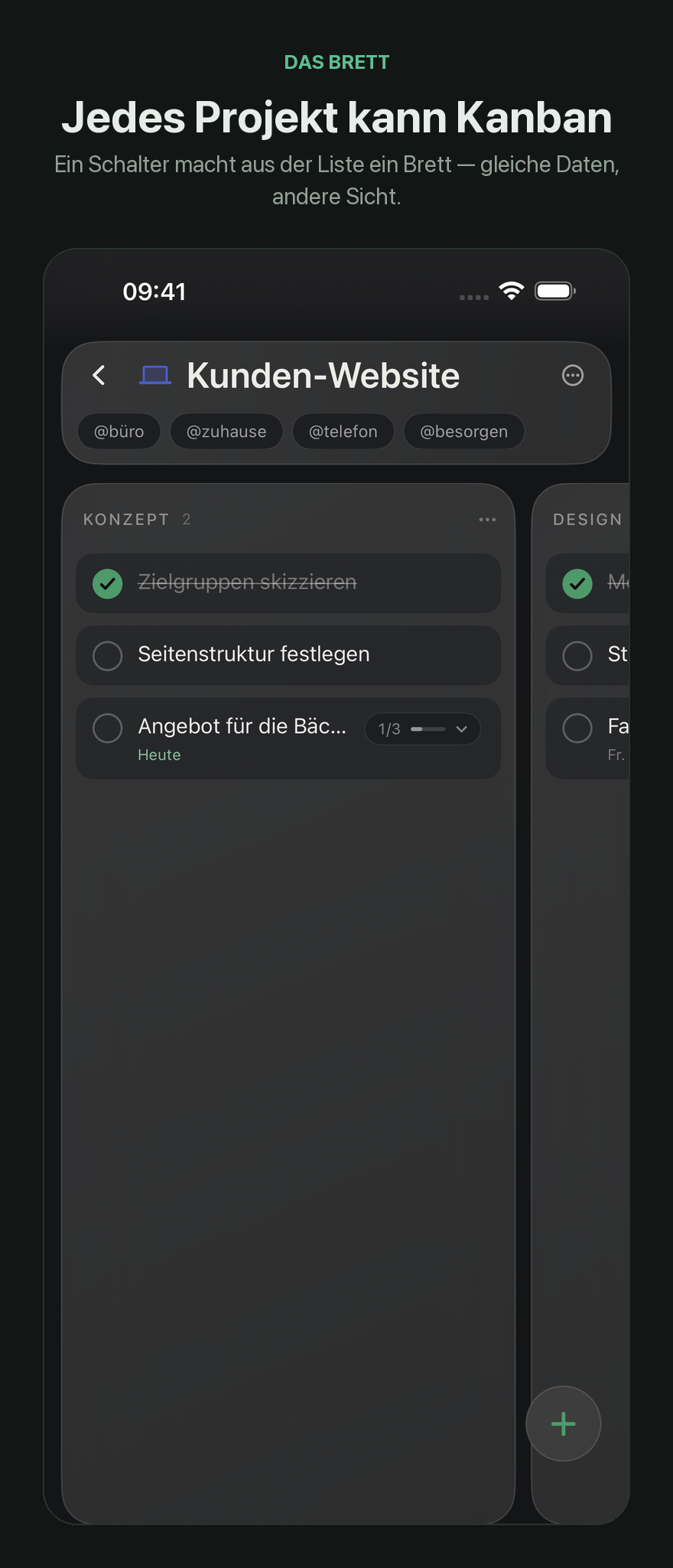 Ein Projekt als Kanban-Brett mit den Spalten Konzept und Design