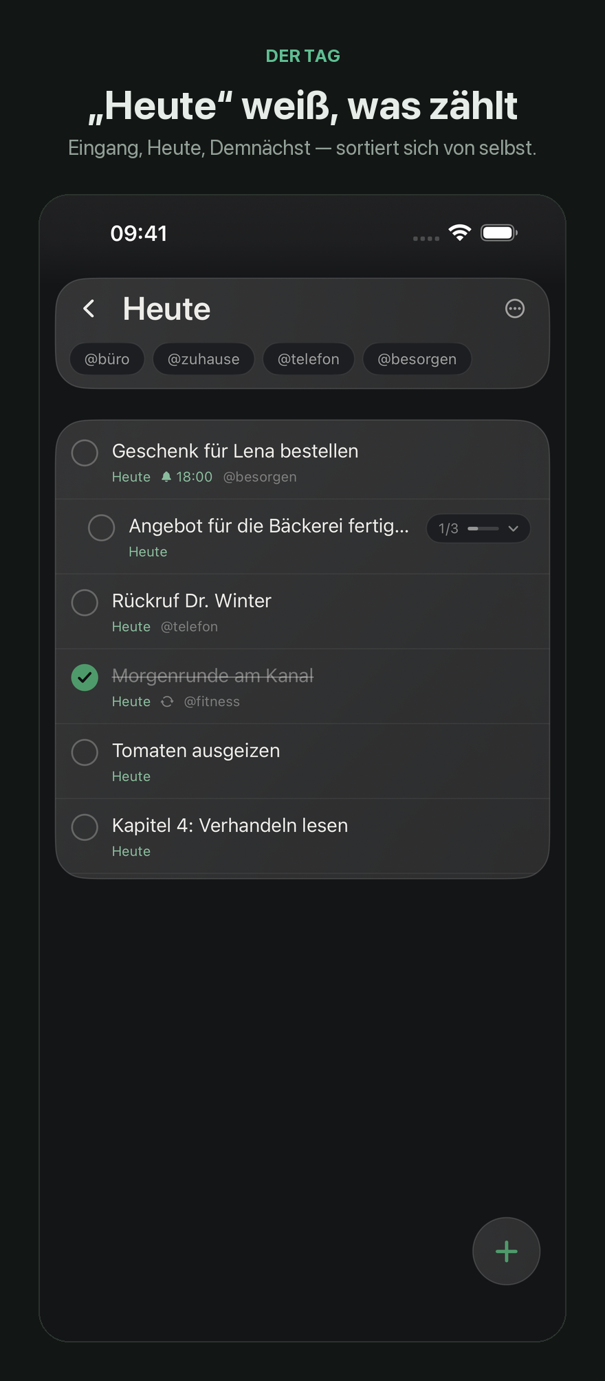 Die Liste „Heute“ mit Aufgaben, Erinnerung und Wiederholung