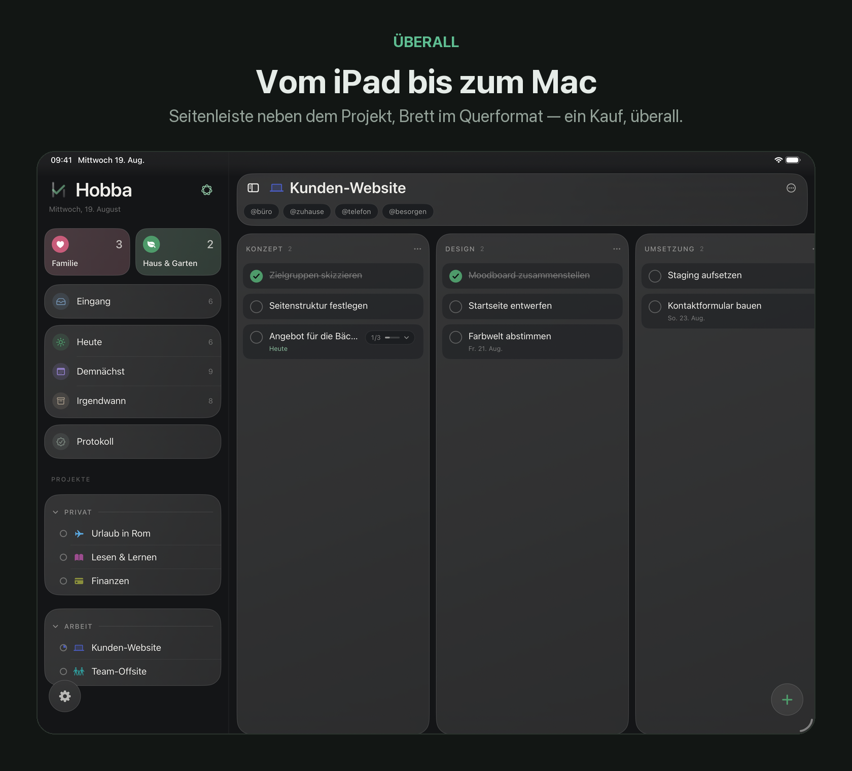 Hobba auf dem iPad: Seitenleiste mit Projekten neben dem Kanban-Brett im Querformat
