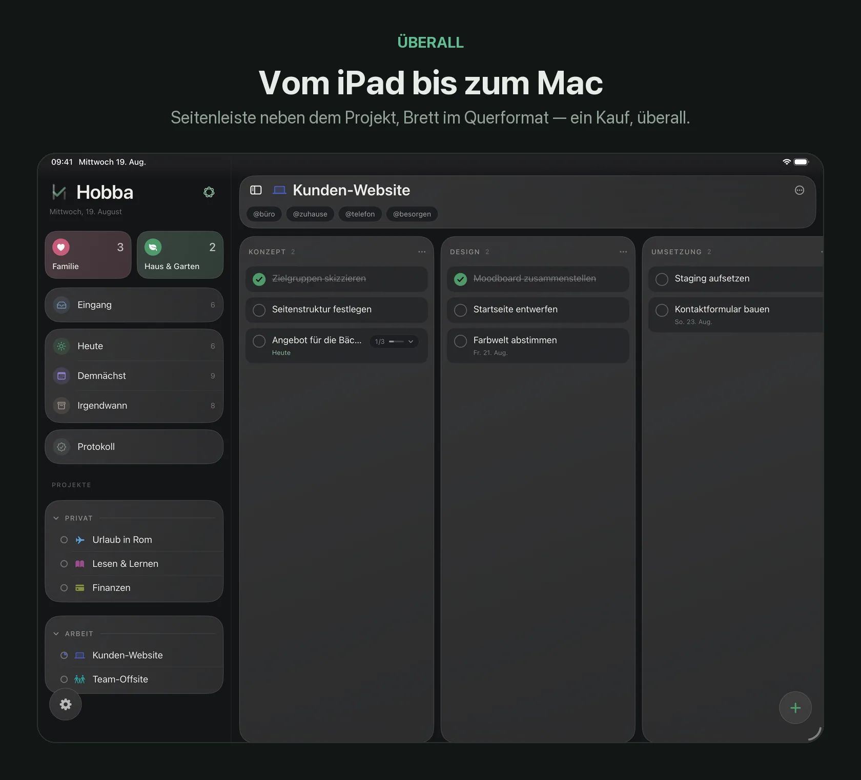 Hobba auf dem iPad: Seitenleiste mit Projekten neben dem Kanban-Brett im Querformat