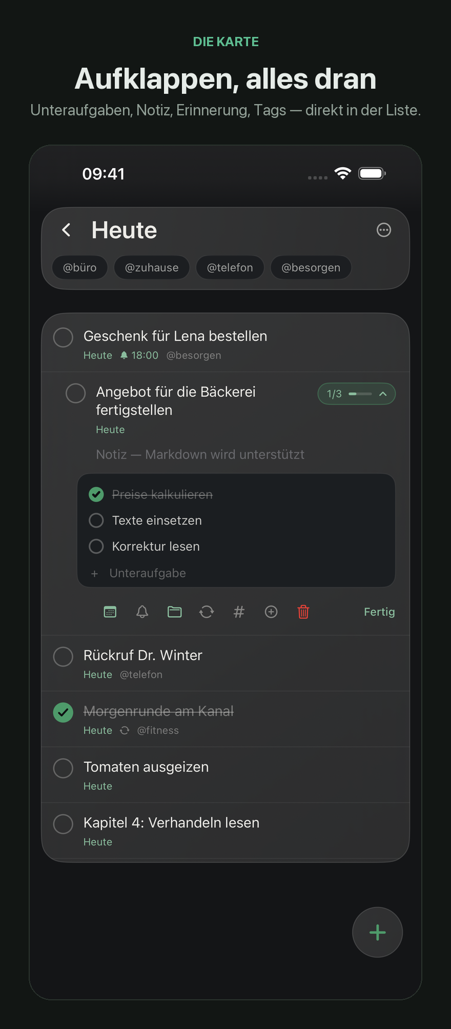 Aufgeklappte Aufgabenkarte mit Unteraufgaben, Notiz, Erinnerung und Tags
