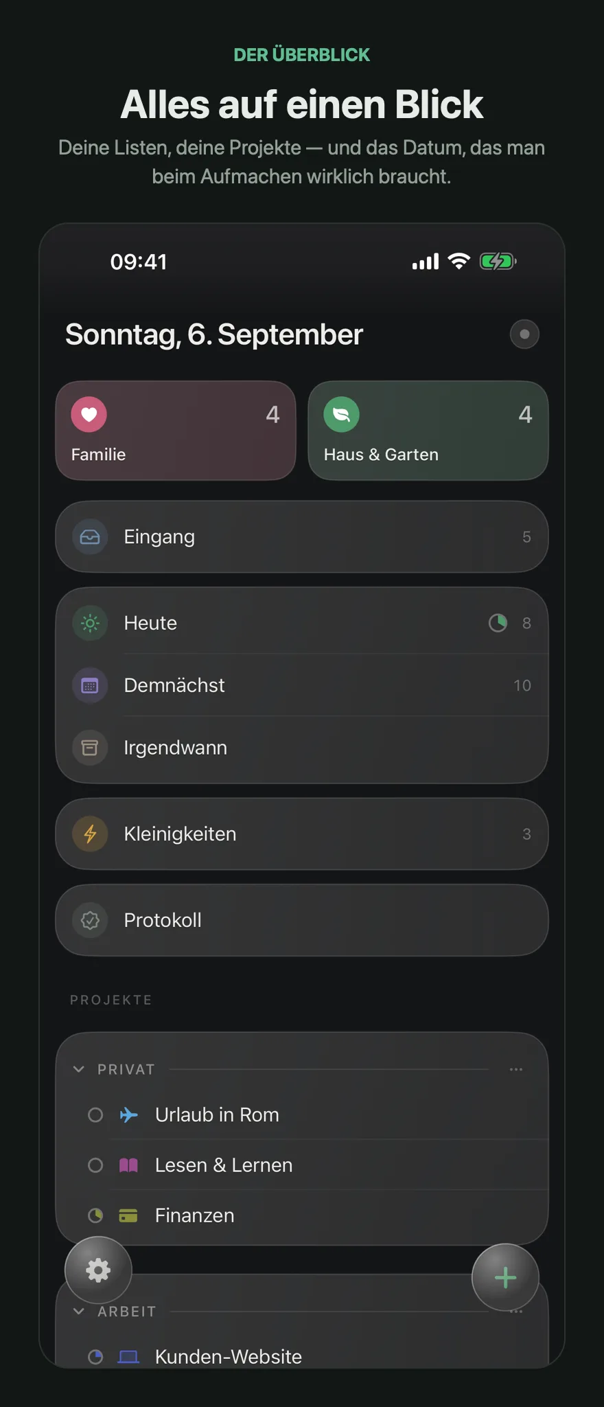 Die Übersicht: Favoriten-Kacheln, Listen und Projekte — mit dem Datum als Überschrift