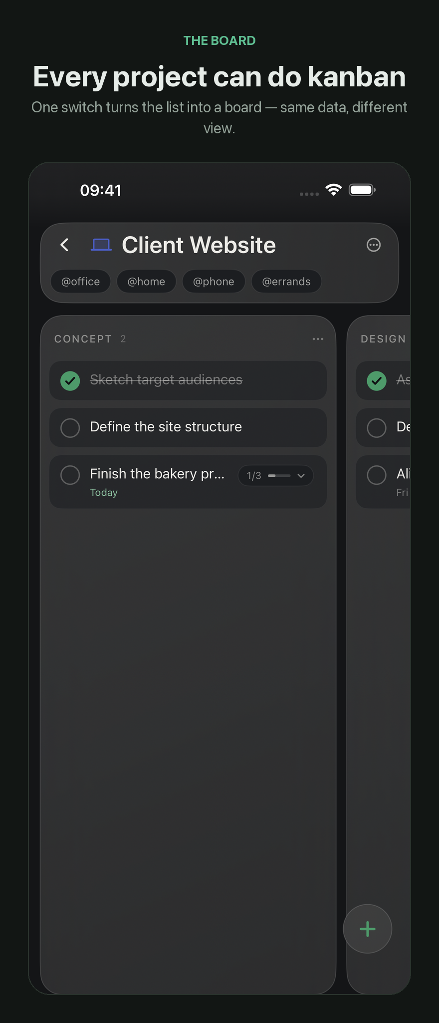 A project as a kanban board with the Concept and Design columns
