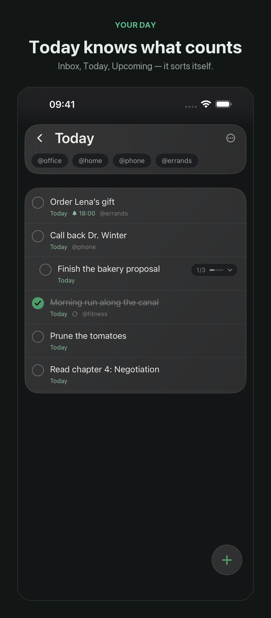 The Today list with tasks, a reminder and a repeating task