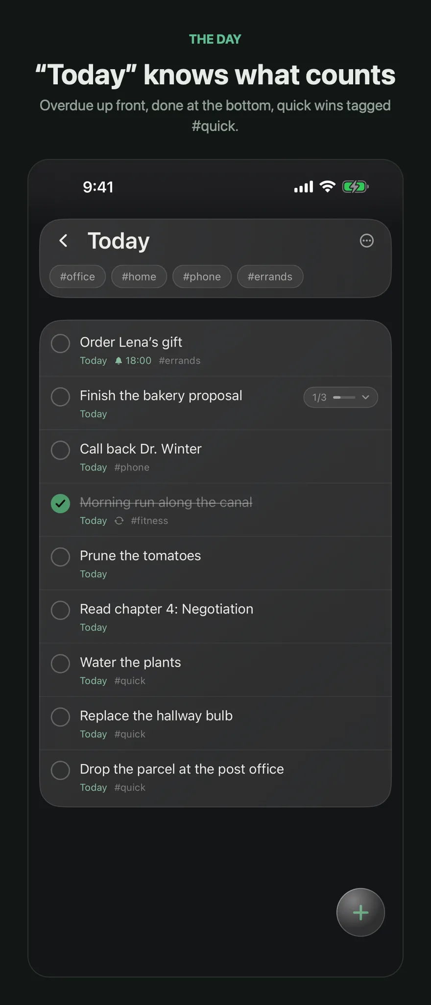 The Today list with eight open tasks, a reminder, a repeat and quick wins