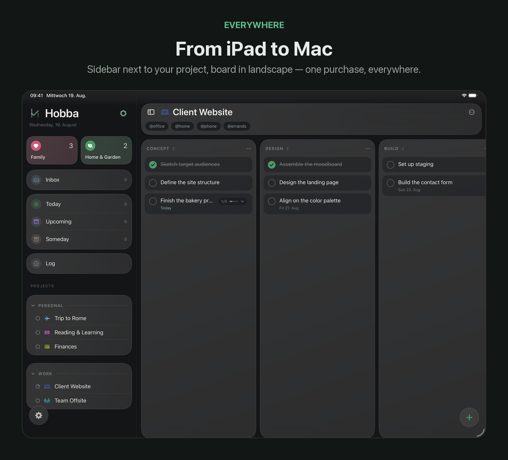 Hobba on iPad: the project sidebar next to a kanban board in landscape