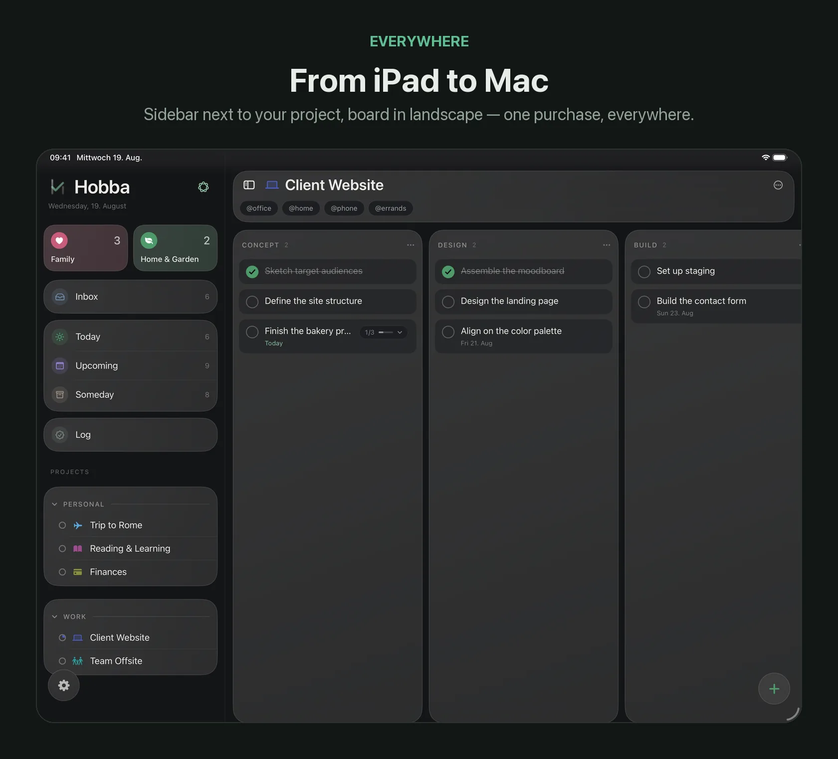 Hobba on iPad: the project sidebar next to a kanban board in landscape