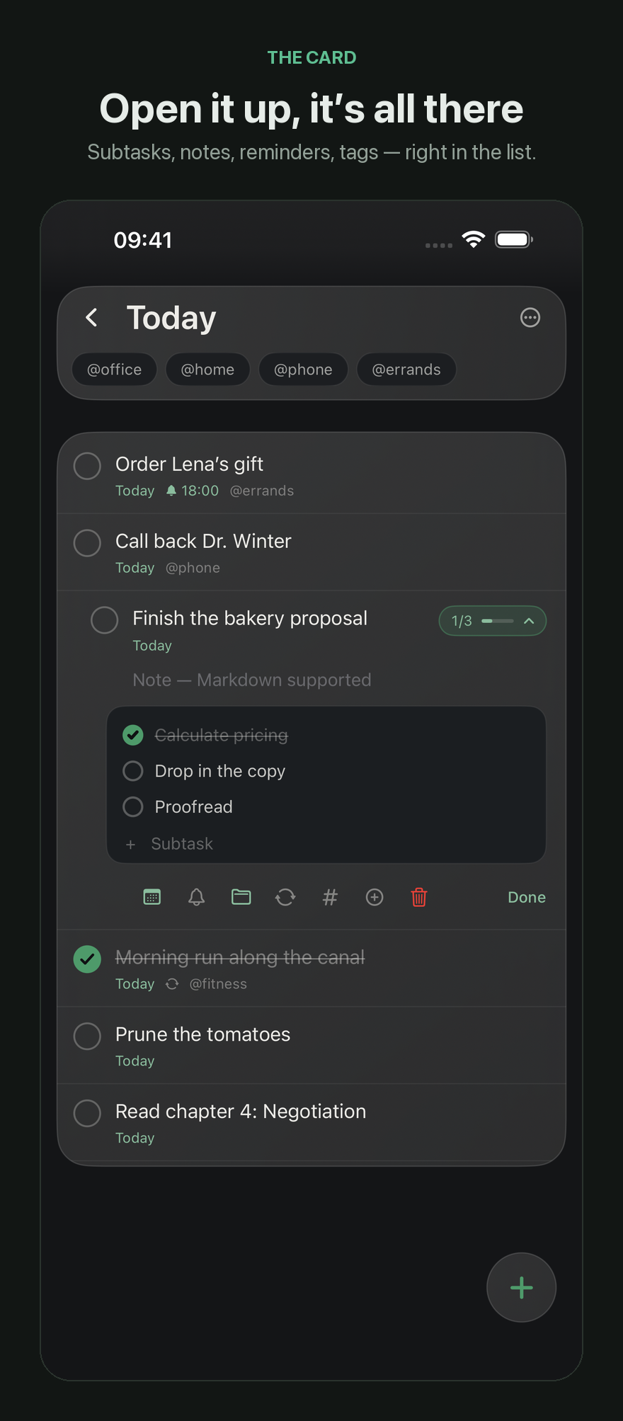 An expanded task card with subtasks, notes, a reminder and tags