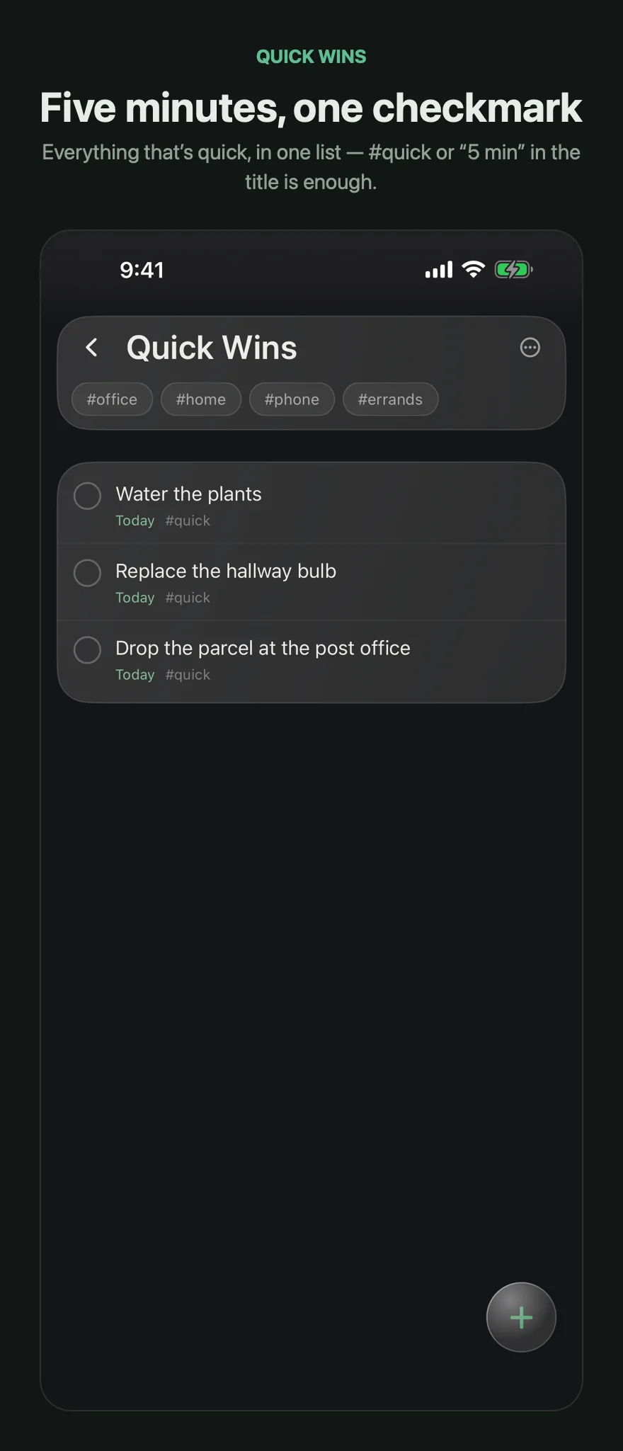 The “Quick wins” list with three short tasks