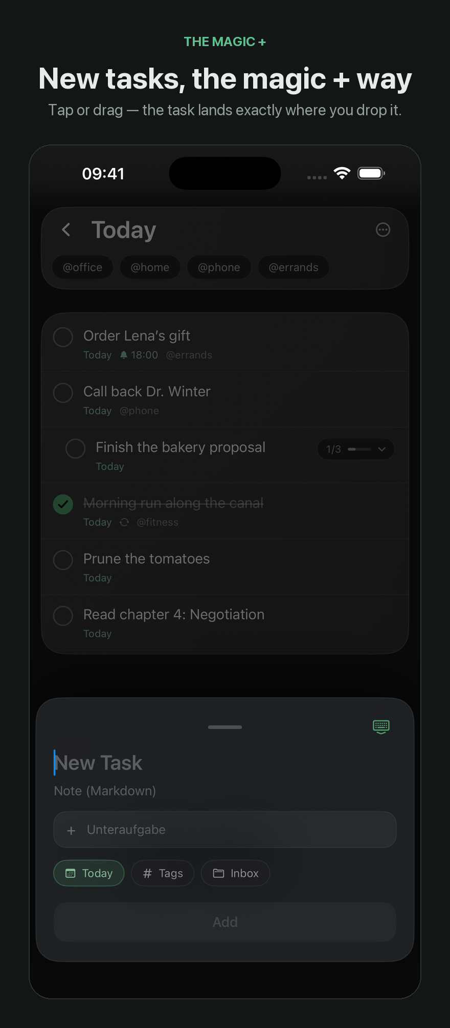 Creating a new task with the magic plus — the entry sheet