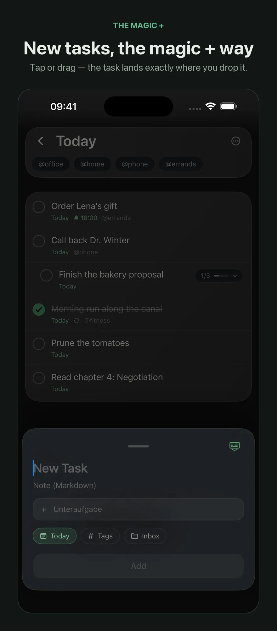 Creating a new task with the magic plus — the entry sheet