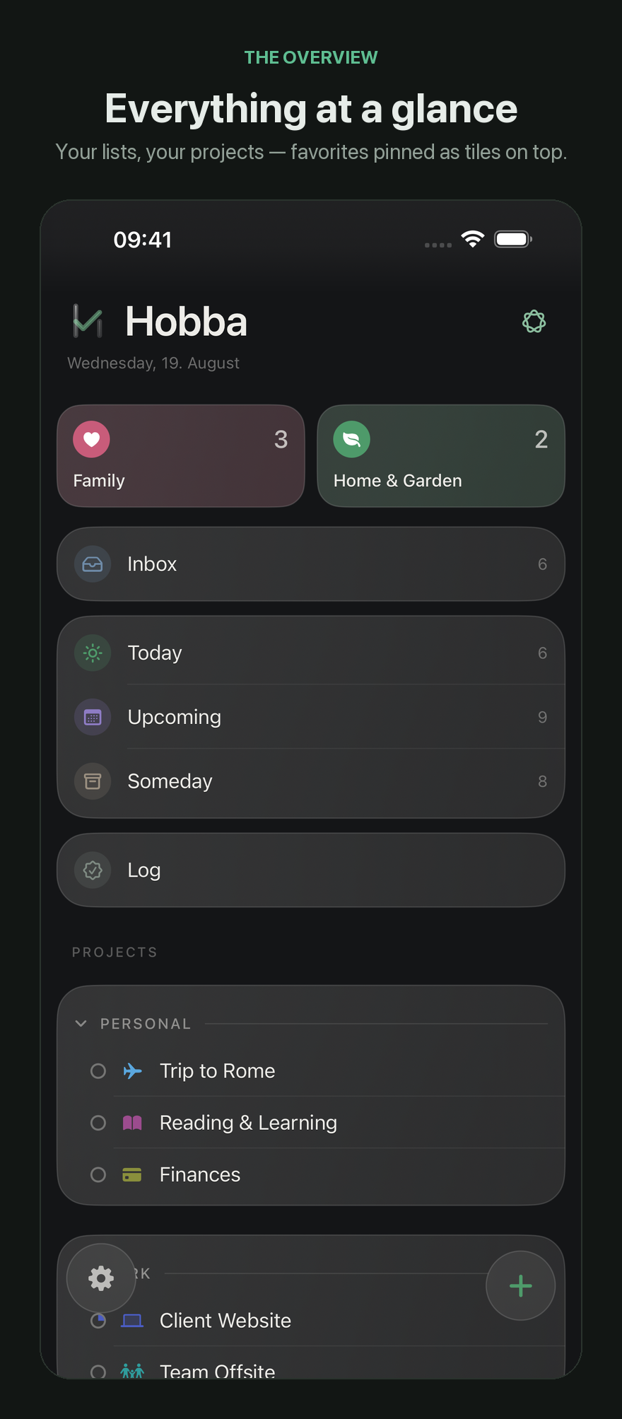 The overview: favorite tiles, lists and projects in areas