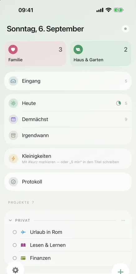 Die Übersicht mit Favoriten, Eingang, Heute und den Projekten