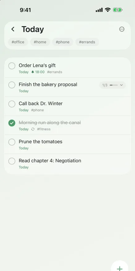The Today list with overdue items, the day and the Evening pane