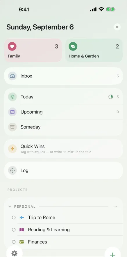 The overview with favourites, Inbox, Today and your projects